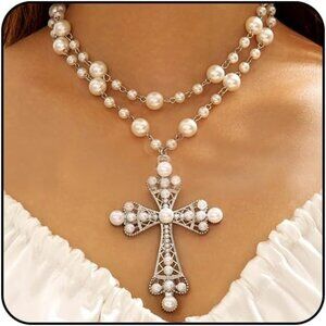 Women Silver 05 Pearl Cross Necklace Chunky Gothic Punk Vintage Pendants Jewelry